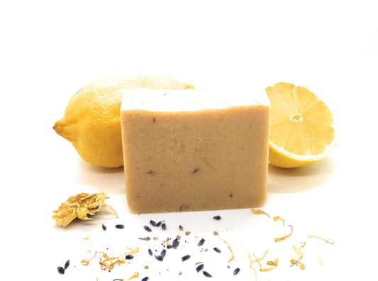 Wildfire Aromatics Lemon Love goat's milk soap. Handmade cold process lemon lavender goat's milk soap for sensitive skin.
