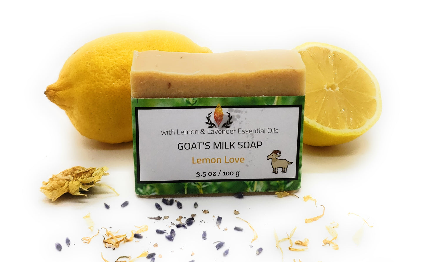Wildfire Aromatics Lemon Love goat's milk soap. Handmade cold process lemon lavender goat's milk soap for sensitive skin.