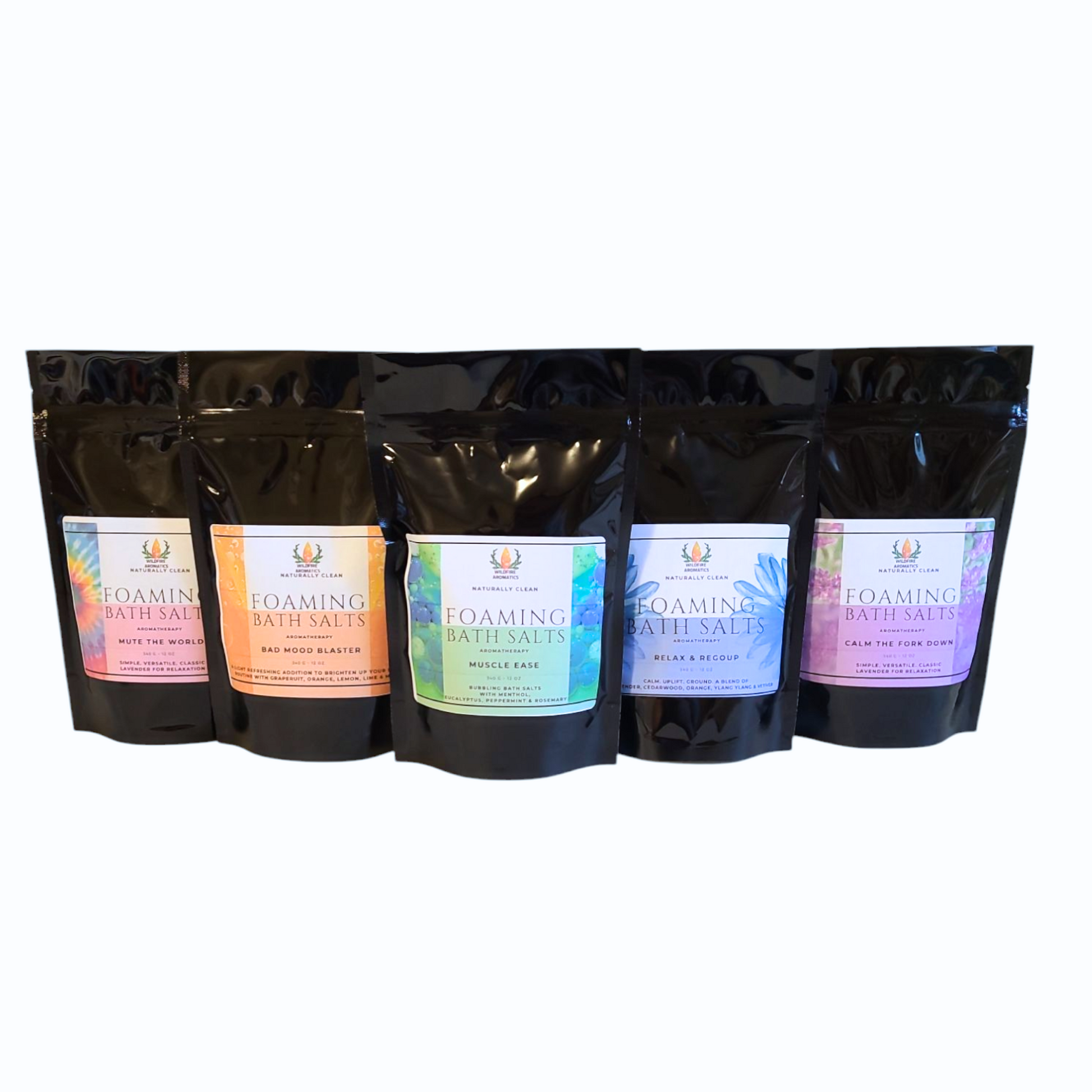 Wildfire Aromatics Foaming bath salt 12 oz variety pack. Includes Muscle Ease eucalyptus menthol for congestion and muscle recovery. Bad Mood Blaster refreshing citrus.  Centering and grounding Mute The World patchouli vanilla.  Calm the Fork Down relaxing and soothing lavender manifesting ritual bath. Relax and Regroup lavender cedarwood for stress and sleep.