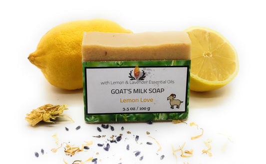 Wildfire Aromatics Lemon Love goat's milk soap. Handmade cold process lemon lavender goat's milk soap for sensitive skin.