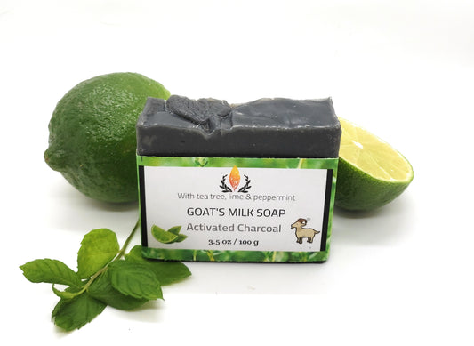 Wildfire Aromatics Activated charcoal goat's milk soap with an essential oil blend of tea tree, lime, and peppermint for acne, detox.